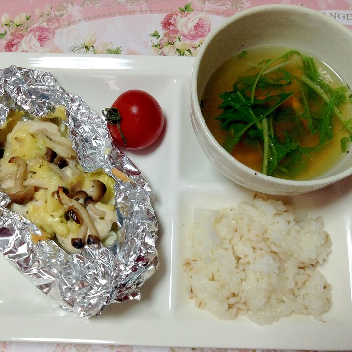 ささみチーズ蒸し焼き＆水菜と人参スープ♡プレート